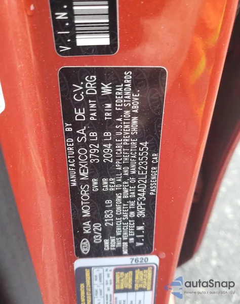 2020 Kia Forte Gt Line из США, поврежденный, VIN 3KPF34AD2LE235554